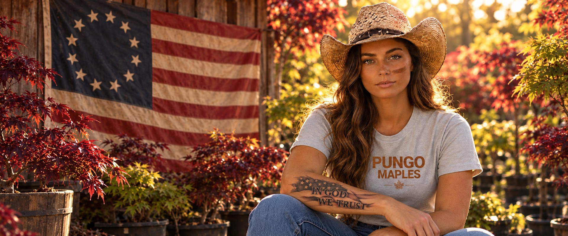 A woman in a Pungo Maples shirt among Japanese maples beside a colonial American flag, with an In God We Trust forearm tattoo.